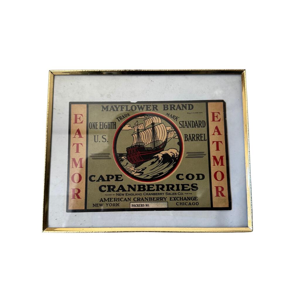 Vintage genuine NEW ENGLAND CRANBERRY label mayflower framed - Picture 2 of 9